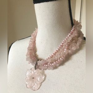 Hand Carved Natural Pink Quartz Flower Pendant with Quartz 5 strands necklace